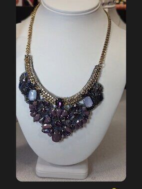 Statement Necklace Purple Rhinestone Bib Gold Chain Beaded Handcrafted Back